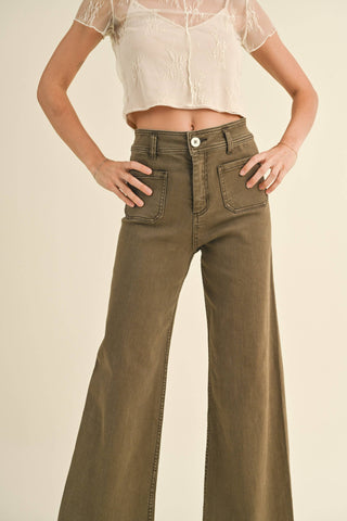 STRAIGHT WIDE LEG PANTS WITH FRONT POCKET: Washed Brown /
