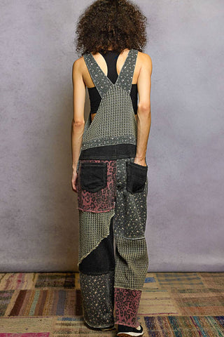 Animal/Floral Print Frayed Edge Twill Woven Overalls