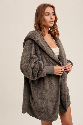 Plush Fur Hooded Sherpa Cardigan