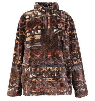 Hooey Men’s Fleece Pullover, Brown Fleece with Blue / Brown Aztec Pattern All Over