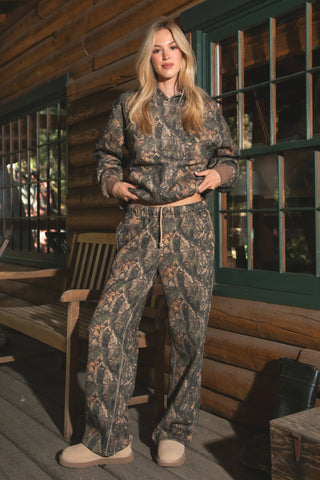 BAYOU Woodland Camo Lounge Fleece Wide Leg Sweatpants: Dark Camo