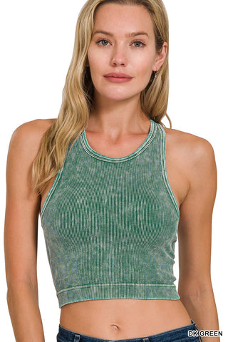 Washed Ribbed Padded Bralette-Dark Green