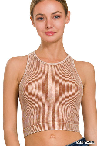 Washed Ribbed Padded Bralette-Deep Camel