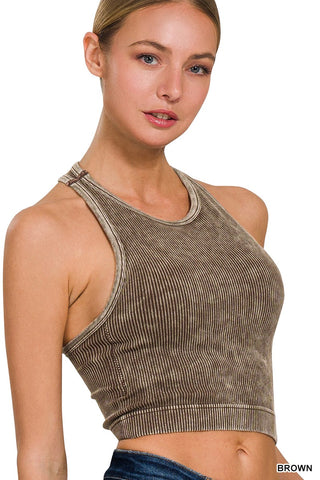 Washed Ribbed Padded Bralette-Brown