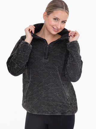 Quilted Mineral-Wash Half-Zip Pullover Black