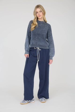 WASHED MOCK NECK LONG SLEEVE KNIT PULLOVER SWEATER: NAVY