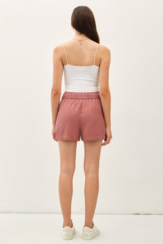 High Rise Pull On Drawstring Shorts- Marsala