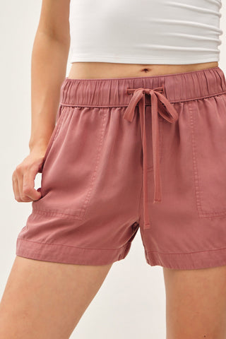 High Rise Pull On Drawstring Shorts- Marsala