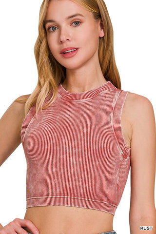 Stone Washed Ribbed Seamless Crop Tank Padded-Rust