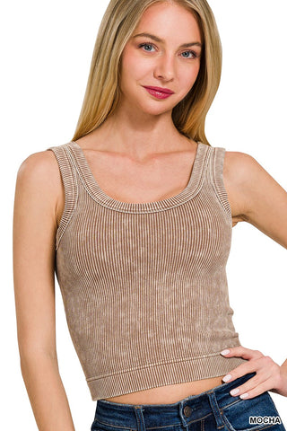 Washed Ribbed  Padded Tank-Mocha