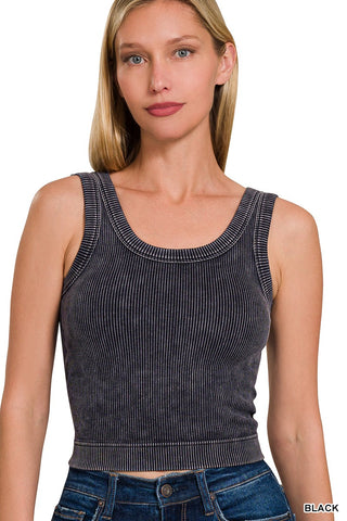 Washed Ribbed  Padded Tank-Black