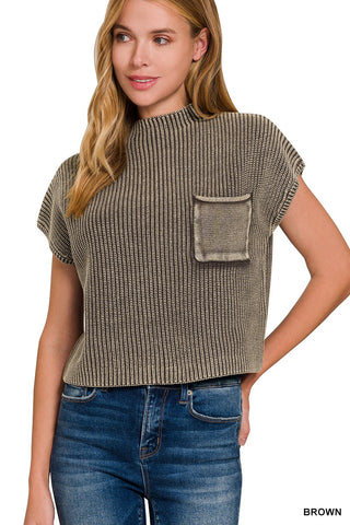 Washed Mock Neck Short Sleeve Cropped Sweater