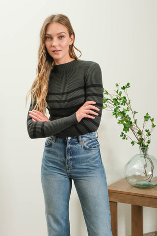 Striped Mock Neck Knit Sweater