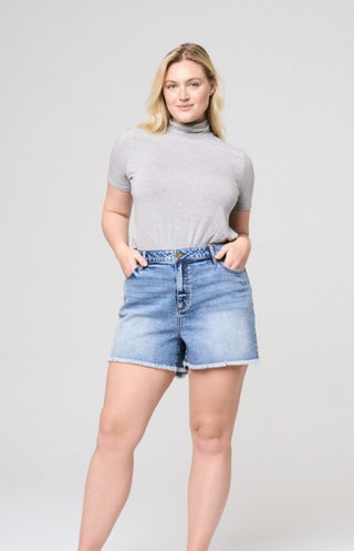 High Rise Curvy Frayed Hem Denim Shorts