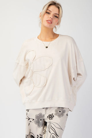 Flower Patch Detailed Mineral Washed Terry Knit Pullover - Ecru