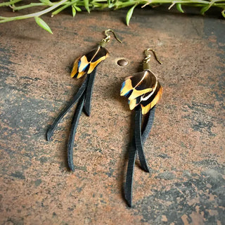 Leather + Feather Dangle Earrings- Black