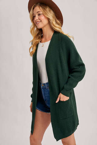 OPEN FRONT BATWING SLEEVE CARDIGAN: HUNTER GREEN