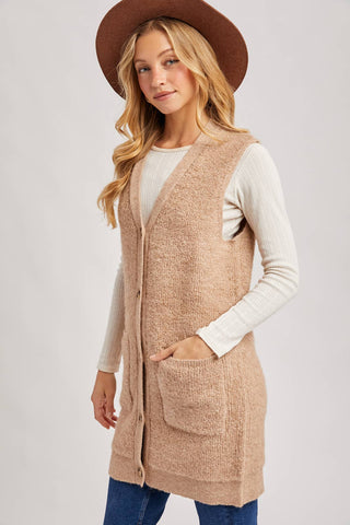 BUTTON DOWN V-NECK TEDDY KNIT LONG LINED VEST: DK.BROWN