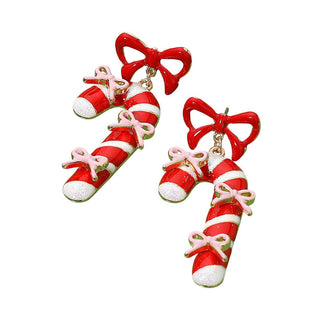 Enamel Bow Candy Cane Dangle Earrings: Gold,Red