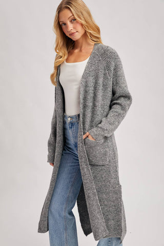 LONGLINE OPEN FRONT SIDE SLIT CARDIGAN: CHARCOAL