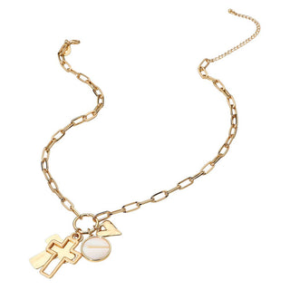 Cross Heart Mother of Pearl Disc Charm Pendant Paperclip Chain Necklace: Gold,Mother of Pearl
