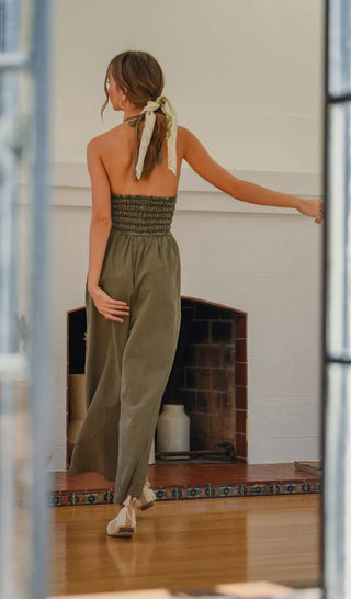 Dyed Washed Smocked Olive Jumpsuit