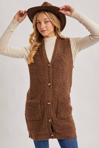 BUTTON DOWN V-NECK TEDDY KNIT LONG LINED VEST: DK.BROWN