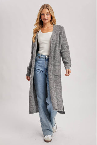 LONGLINE OPEN FRONT SIDE SLIT CARDIGAN: CHARCOAL