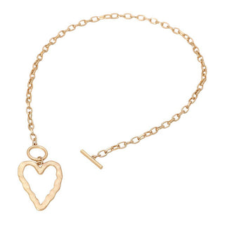 Hammered Metal Open Heart Toggle Pendant Necklace: Worn Gold