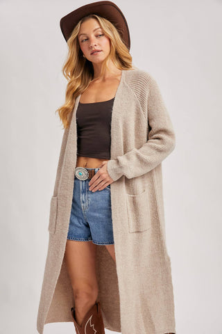 LONGLINE OPEN FRONT SIDE SLIT CARDIGAN: OATMEAL