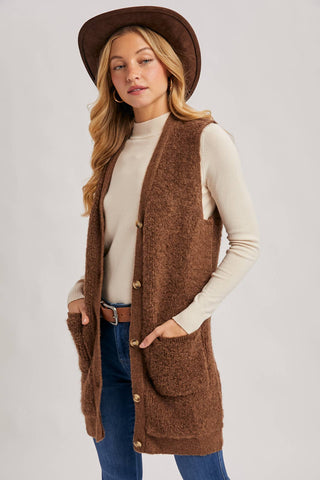 BUTTON DOWN V-NECK TEDDY KNIT LONG LINED VEST: DK.BROWN