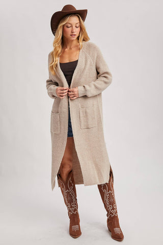 LONGLINE OPEN FRONT SIDE SLIT CARDIGAN: OATMEAL