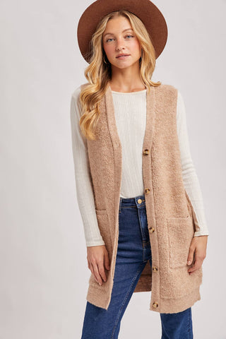 BUTTON DOWN V-NECK TEDDY KNIT LONG LINED VEST: DK.BROWN
