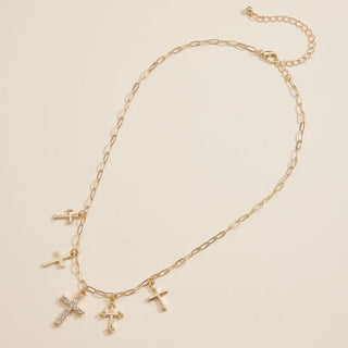 Gold Cross Variation Charm Necklace with Crystal Accents