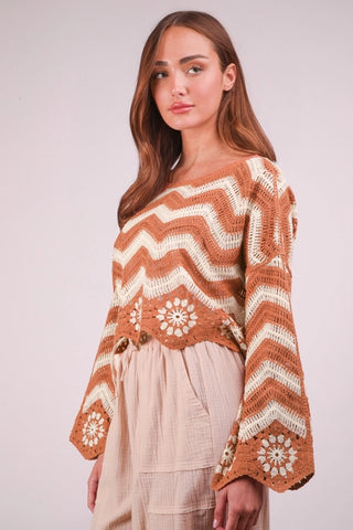 Chevron/Floral Pattern Crochet Knit Top - Mocha