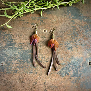 Leather + Feather Dangle Earrings- Chocolate