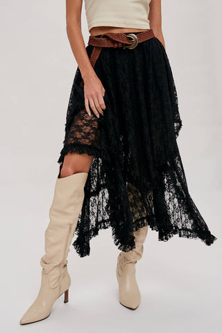 LACE TIER MIDI SKIRT: BLACK
