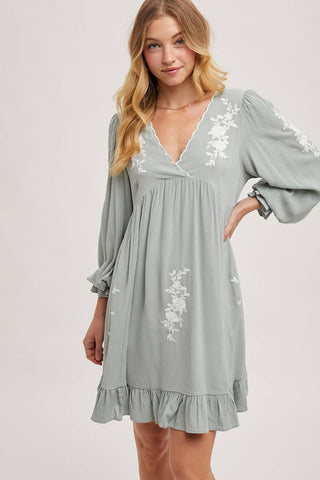 EMBROIDERED V-NECK RUFFLED DRESS: COCO