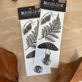 Amanita Mushroom, Fern, Snail Temporary Tattoo- 2 pack