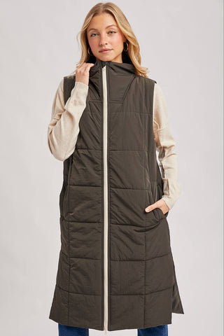 QUILTED LONGLINE PUFFER VEST: ASH
