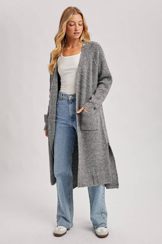 LONGLINE OPEN FRONT SIDE SLIT CARDIGAN: CHARCOAL