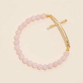 Cross Charm Glass Beaded Bracelet Rose