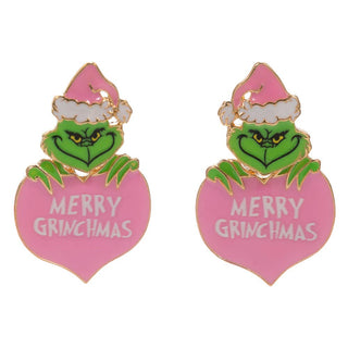 MERRY CHRISTMAS Heart Grinch Green Monster Earrings: Pink