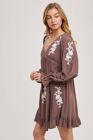 EMBROIDERED V-NECK RUFFLED DRESS: COCO
