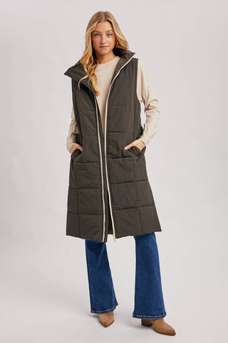 QUILTED LONGLINE PUFFER VEST: ASH