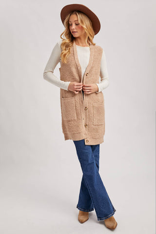 BUTTON DOWN V-NECK TEDDY KNIT LONG LINED VEST: DK.BROWN
