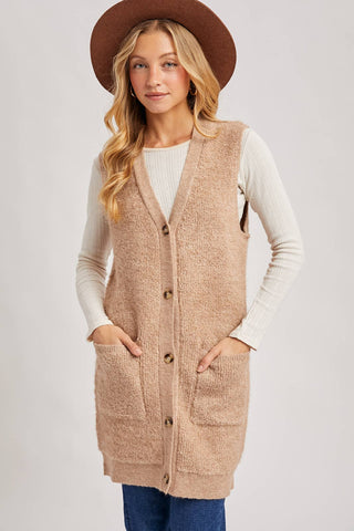 BUTTON DOWN V-NECK TEDDY KNIT LONG LINED VEST: DK.BROWN