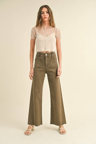 STRAIGHT WIDE LEG PANTS WITH FRONT POCKET: Washed Brown /