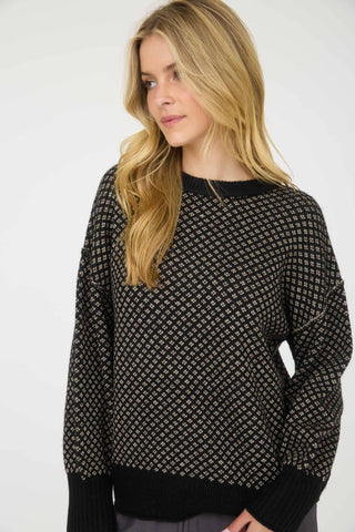 MINI JACQUARD CREW NECK LONG SLEEVE KNIT SWEATER : BLACK