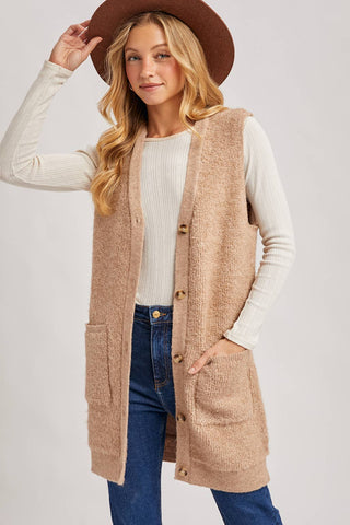 BUTTON DOWN V-NECK TEDDY KNIT LONG LINED VEST: DK.BROWN